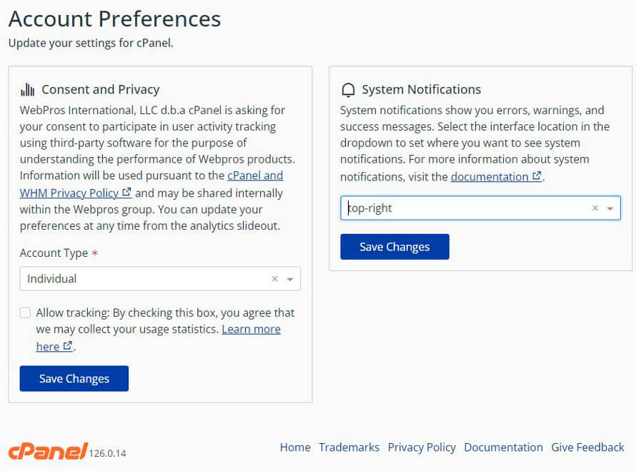 Kontoeinstellungen in cPanel