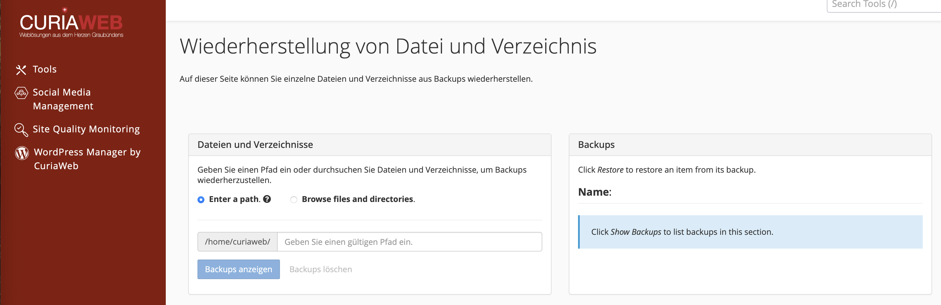 Datei- und Ordner-Wiederherstellung Interface