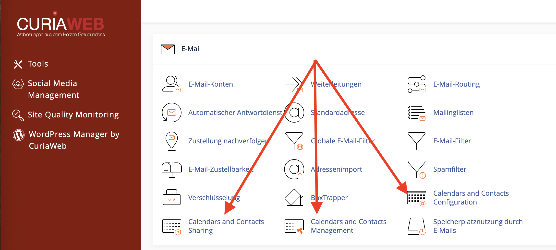 cPanel Kalender und Kontakte