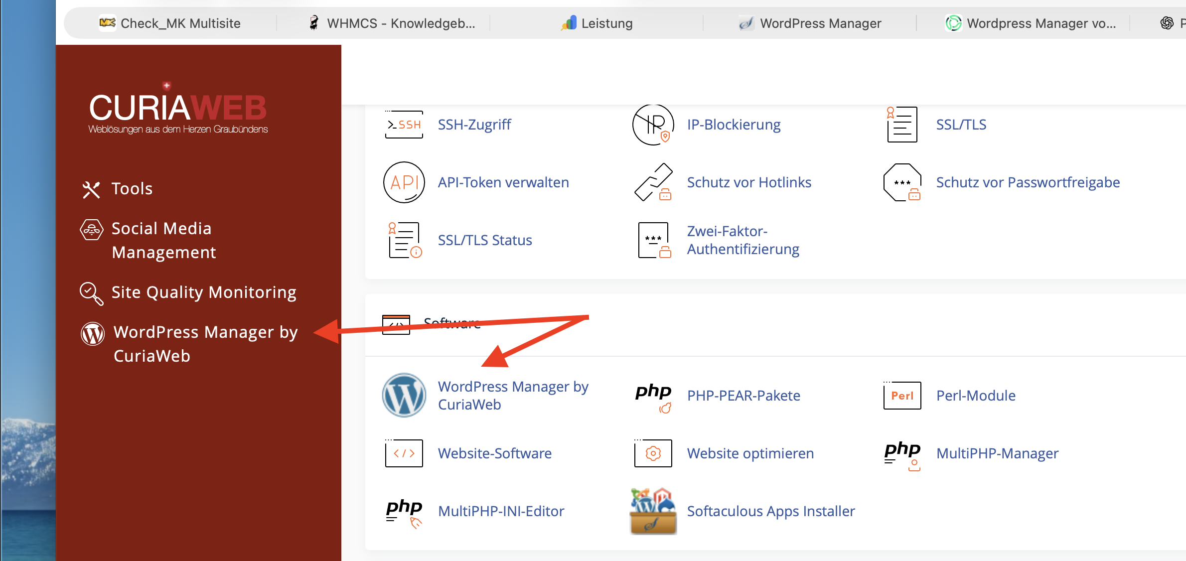 cPanel-Dashboard mit WordPress Manager