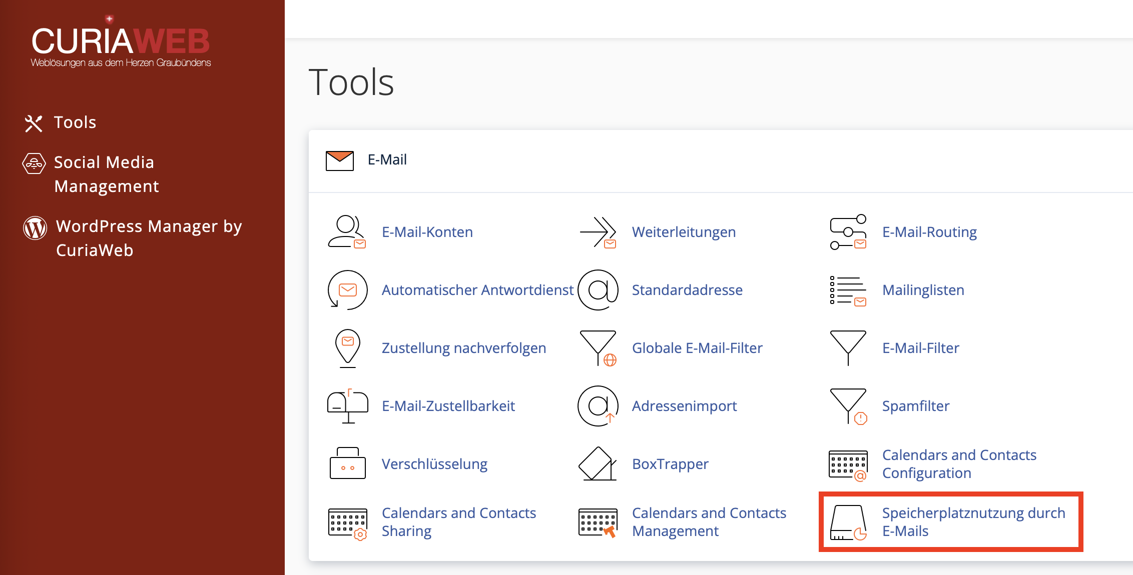 Screenshot E-Mail-Speicherplatznutzung
