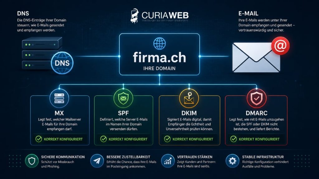 Zusammenhang zwischen Domain und E-Mail mit DNS, MX, SPF, DKIM und DMARC