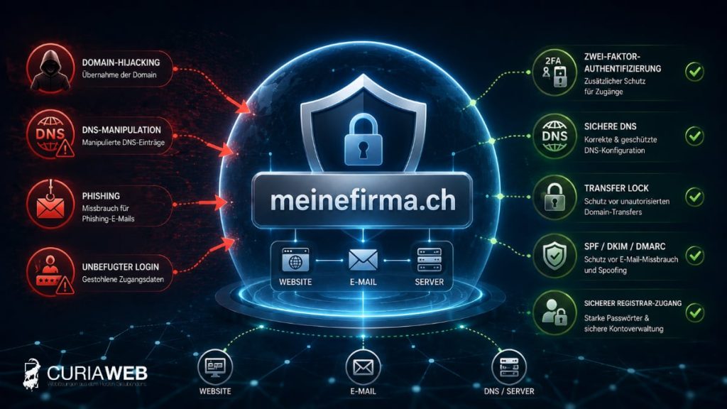 Geschützte Unternehmensdomain mit Sicherheitsschild gegen Domain-Hijacking, DNS-Manipulation und Phishing