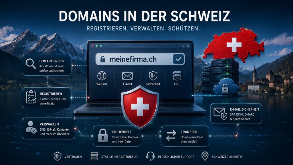 Domains in der Schweiz mit Domainregistrierung, DNS, E-Mail-Sicherheit und Domain-Transfer