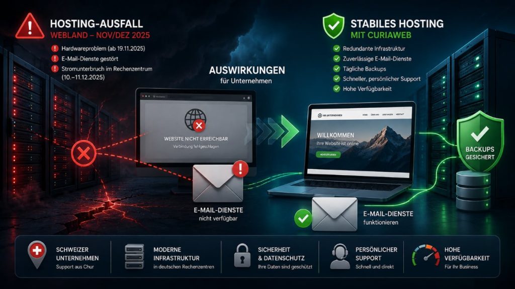 Hosting-Ausfall mit gestörten Website- und E-Mail-Diensten sowie stabiler Server-Infrastruktur