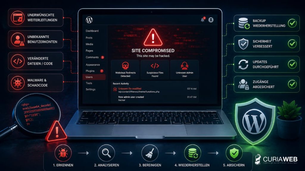 Gehackte WordPress-Website mit Sicherheitswarnung, Malware-Analyse, Backup und Wiederherstellung