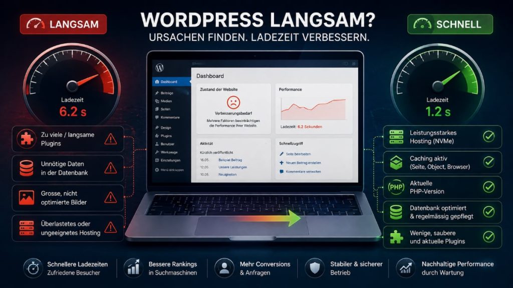 Langsame WordPress-Website mit Performance-Analyse und Optimierung von Hosting, Cache, Plugins und Datenbank