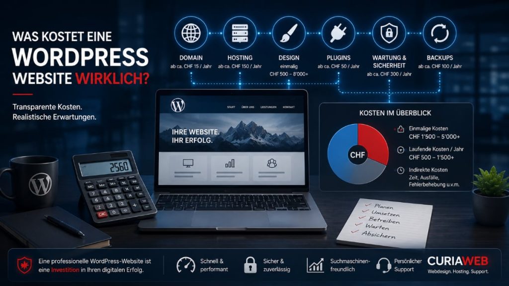 Kosten einer WordPress-Website mit Domain, Hosting, Design, Plugins, Wartung und Backups