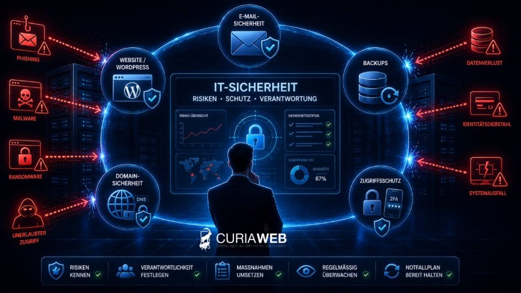 IT-Sicherheit für KMU mit Schutz von E-Mail, WordPress, Domains, Backups und Zugängen