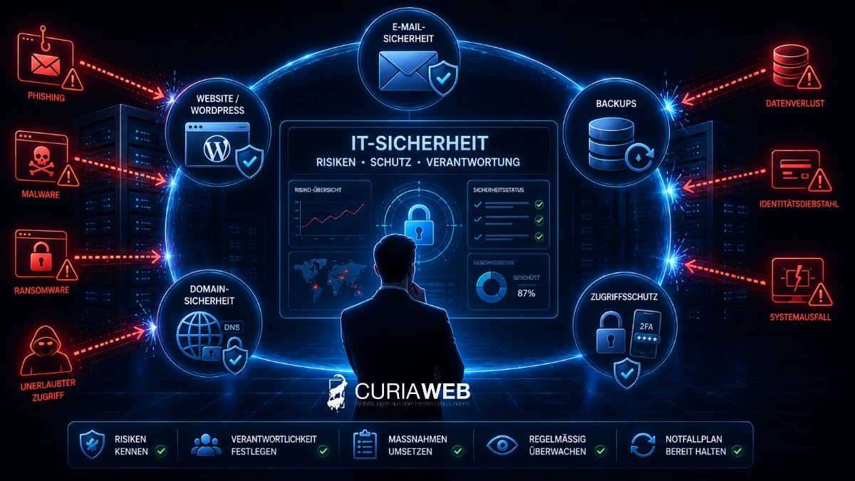 IT-Sicherheit für KMU mit Schutz von E-Mail, WordPress, Domains, Backups und Zugängen