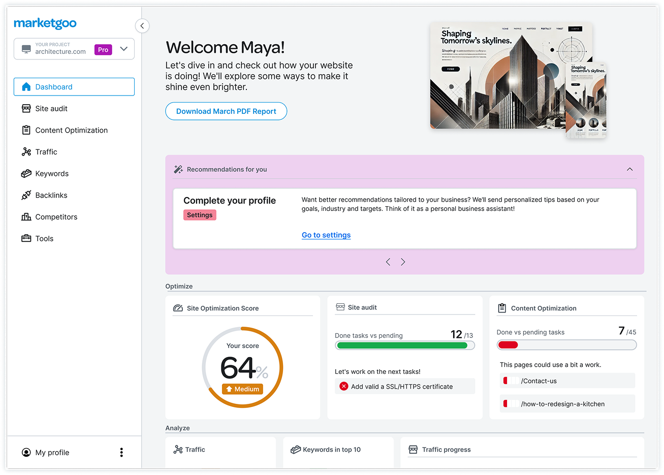 Dashboard SEO di marketgoo con analisi del sito web, attività SEO e consigli di ottimizzazione