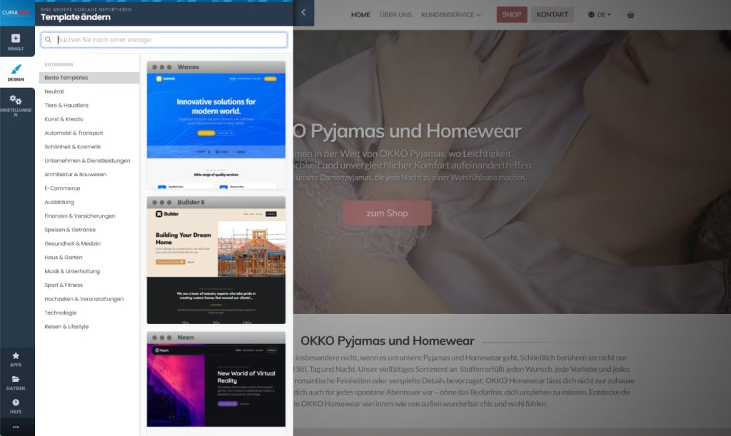 emplate und Design im Kopage Website Builder auswählen