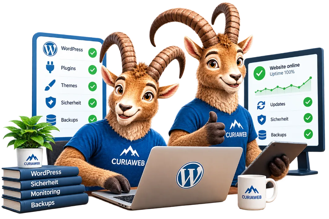 Zwei CURIAWEB-Steinböcke betreuen eine WordPress-Website mit Updates, Sicherheitskontrollen, Backups und 24/7-Monitoring.