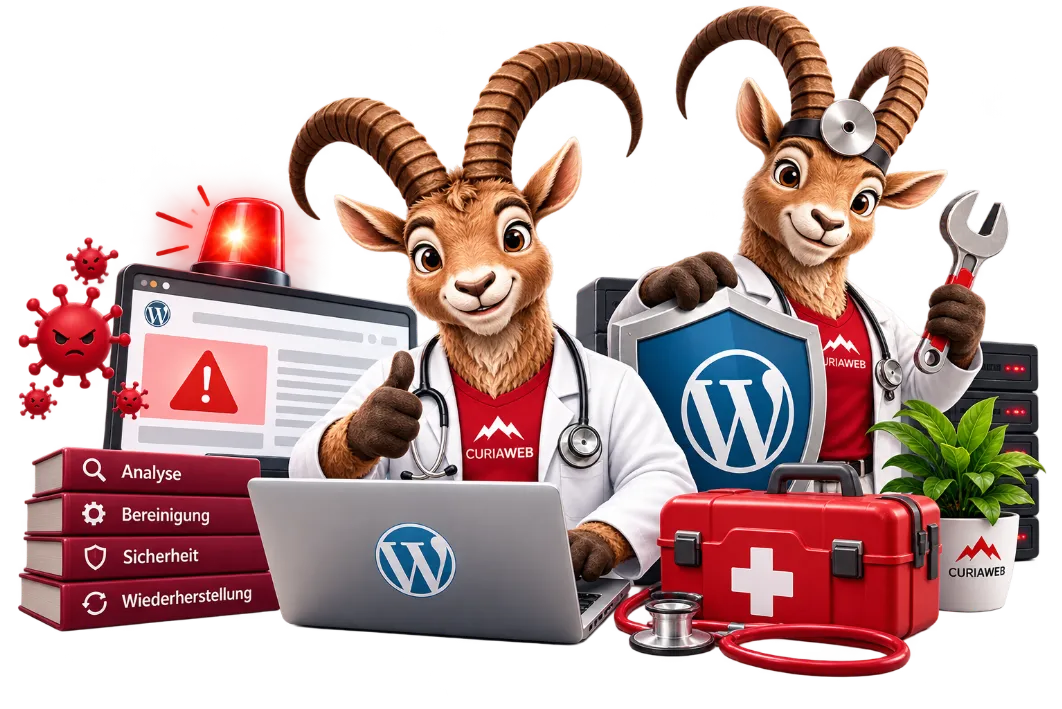 Zwei CURIAWEB-Steinböcke als WordPress-Notfallärzte mit Stethoskop, Werkzeug und Schutzschild helfen bei gehackten oder defekten WordPress-Websites.