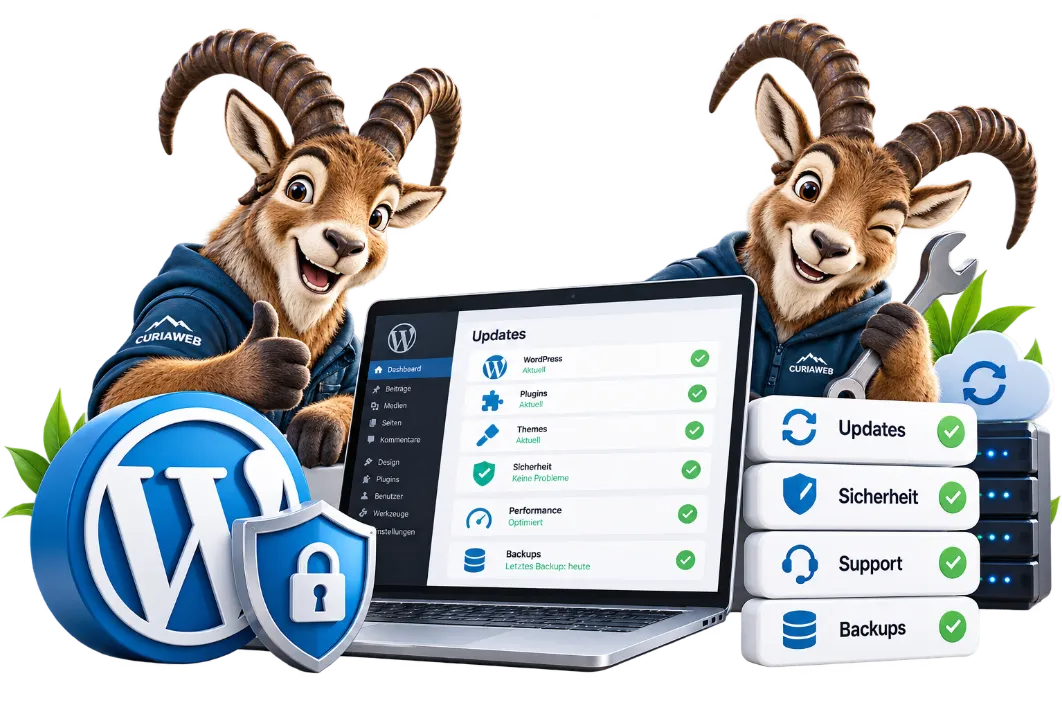 Zwei CURIAWEB-Steinböcke zeigen WordPress-Wartung mit Updates, Sicherheitsprüfungen, Backups und technischem Support.